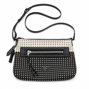Fossil Dawson Polka Dot Crossbody Bag Black Cream Zip Shoulder Purse Canvas